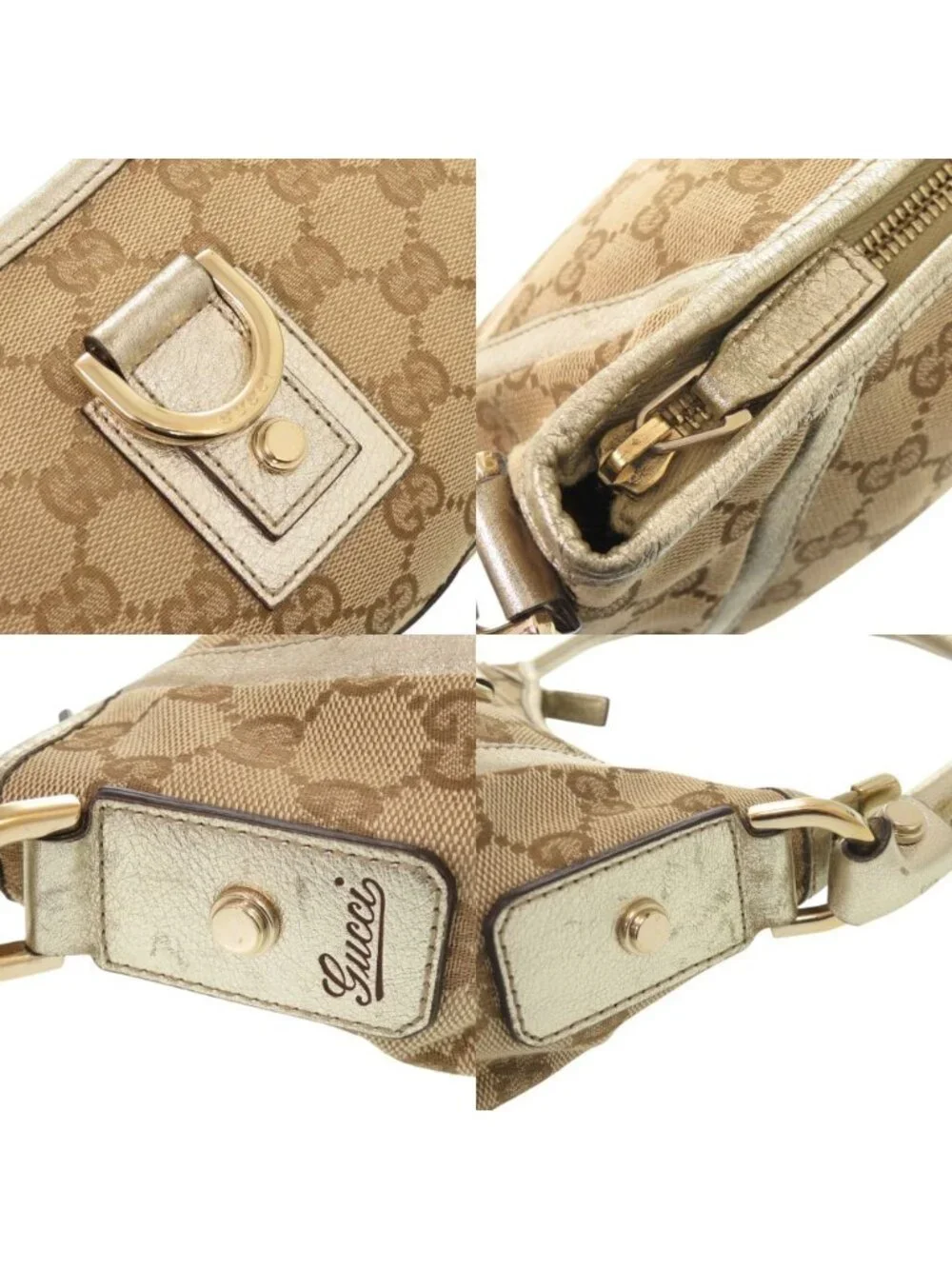 Gucci Abbey GG Canvas Leather Beige Gold Shoulder Bag